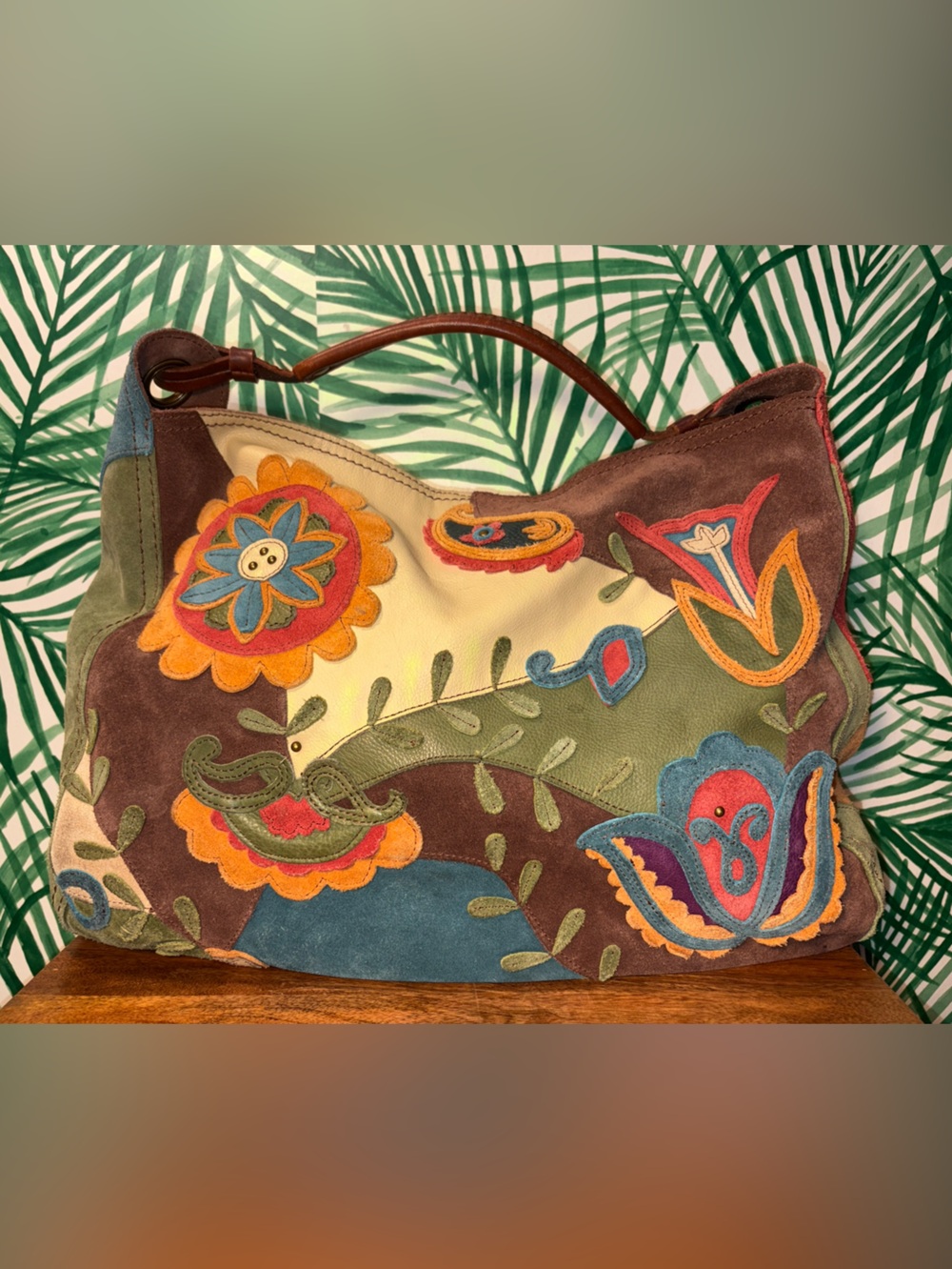 Y2K Lucky Brand Multi Colored Suede Patchwork Floral Boho Hobo Bag